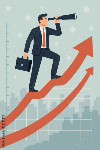 Confident businessman looking for future success and opportunities with telescope, forecasting financial growth, economic recovery, business vision, strategy, and market prediction