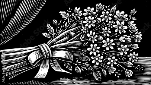 Black and white sketch vector of a bouquet of wildflowers tied with ribbon, handpicked and organic