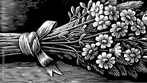 Black and white sketch vector of a bouquet of wildflowers tied with ribbon, handpicked and organic