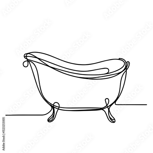 Minimalist continuous line drawing of a classic bathtub on a clean white background, representing relaxation and home spa concept of interior design or bathroom accessories