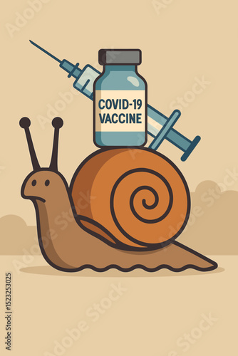 Slow COVID-19 vaccine rollout concept. Snail metaphor for delayed immunization program. Pandemic response critique. Syringe and vial delivery. Healthcare logistics delay illustration.