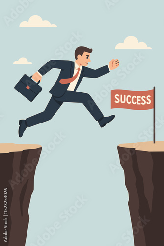 Businessman leaping over chasm to success. Ambitious professional with briefcase facing risk and challenge to achieve career goals. Metaphor for motivation, growth, determination, leadership. Vector.