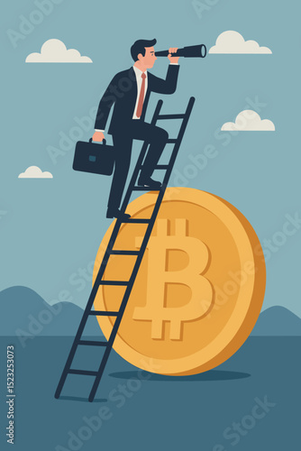 Bitcoin investment vision. Businessman on ladder with telescope looking at cryptocurrency future. Financial growth concept. Crypto market opportunity, foresight, strategy for success.