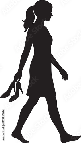 silhouette of a young woman walking with her shoes in her hand