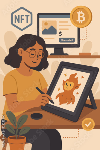 NFT creator at work: Female digital artist designing unique crypto art on tablet for online marketplace. Bitcoin, blockchain technology, and modern investment illustration. Creative process.