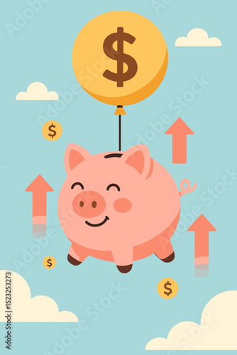 Happy piggy bank rising on dollar balloon. Metaphor for growing savings, investment returns, financial success, and economic prosperity. Upward trend arrows and money coins. Finance vector art.
