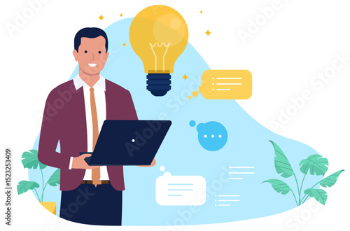 Businessman with a computer getting a new idea, showcasing innovation, creative thinking, problem-solving, and digital productivity for business solutions. Flat design style vector illustration