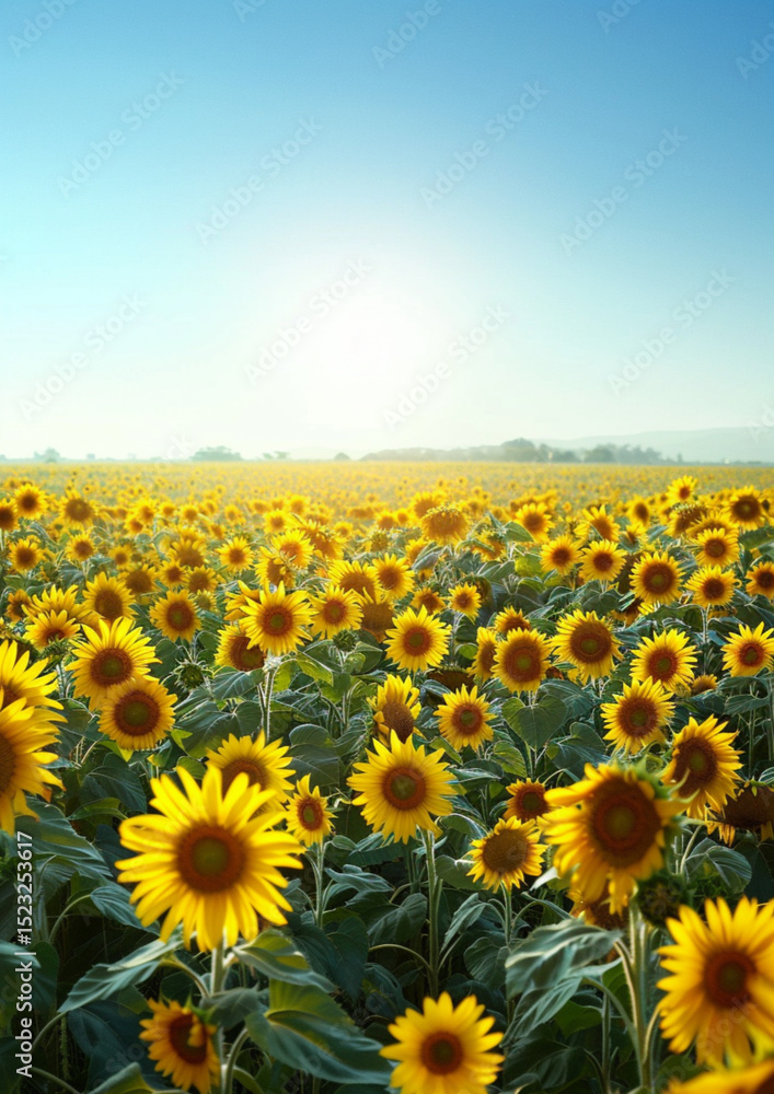 Fototapeta premium A radiant and calming sky with a gentle transition from light blue to white, a vibrant sunflower field, and golden yellow petals with rich green stems and leaves, resulting in an elegant and dreamlike