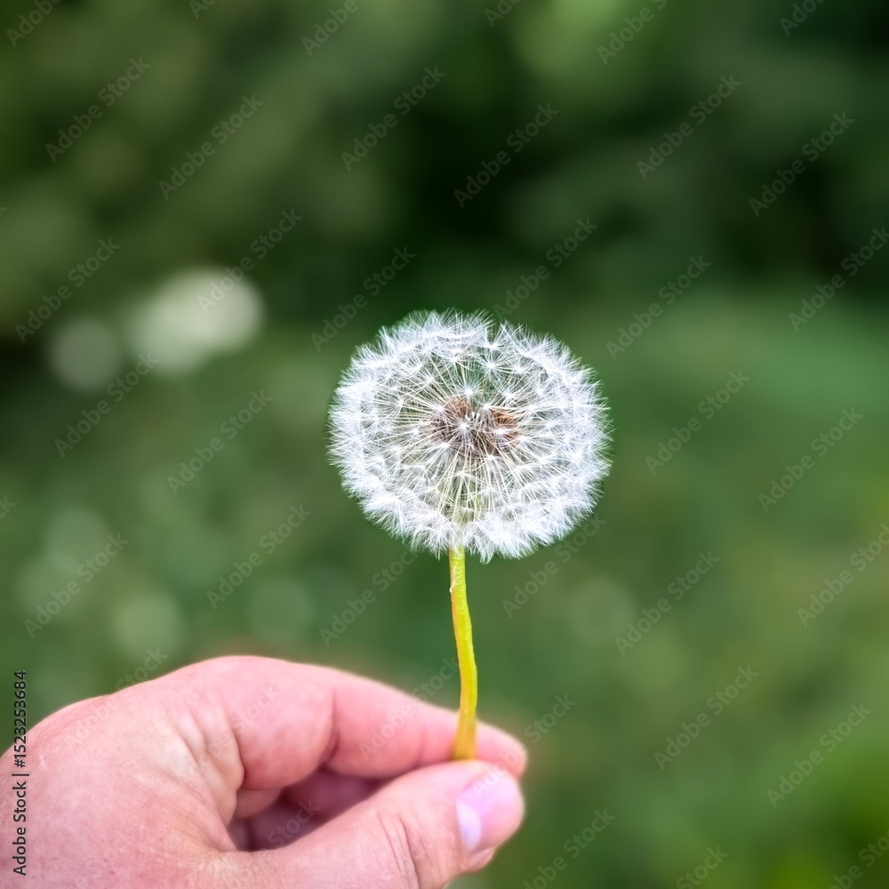 Fototapeta premium Hand holding white dandelion seed head against blurred green background 