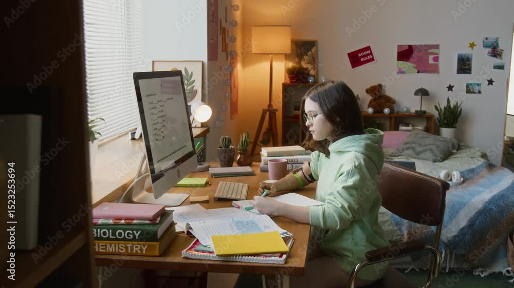 Teenage girl with prosthetic arm using computer and writing in notebook while studying in her cozy cluttered room Teenage girl with prosthetic arm using computer and writing in notebook while studying in her cozy cluttered room