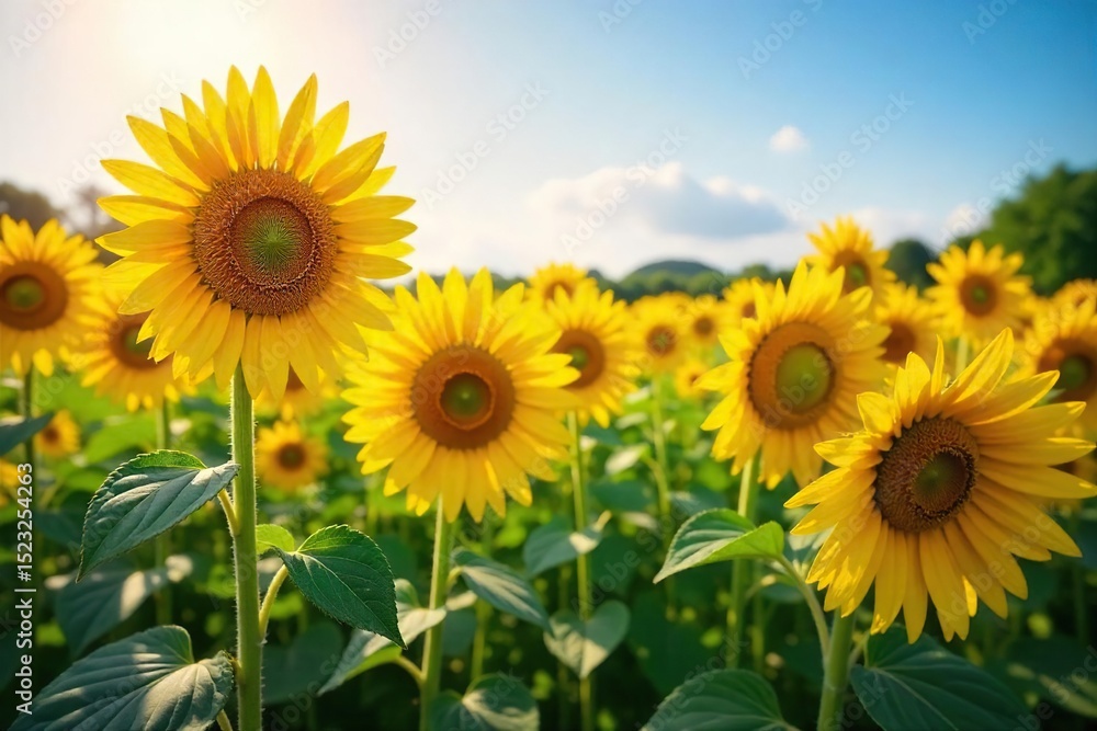 Fototapeta premium Vibrant sunflowers bask in the warm glow of sunshine, their golden petals reaching for the sky in a picturesque summer field A stunning display of nature's beauty , plant, flora