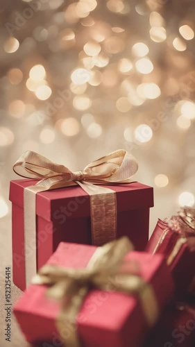 Festive gifts wrapped in red paper and tied with golden ribbon and bow on background with bokeh lights for Christmas or New Year