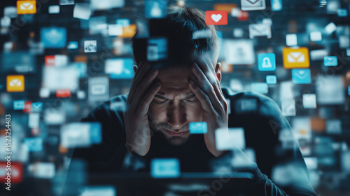 Man overwhelmed by digital notifications. Frustrated person holding head in hands surrounded by floating app icons, representing social media overload and digital stress