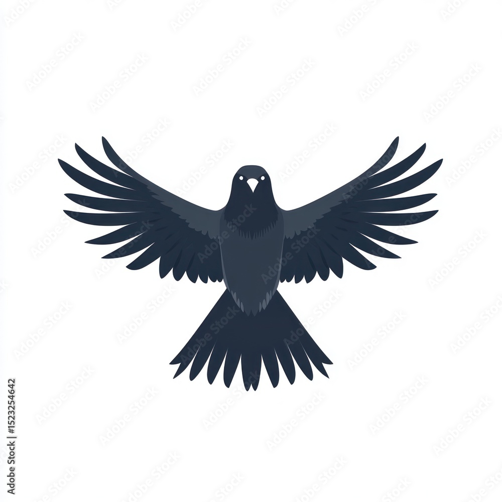 Fototapeta premium Dark bird in flight. A stylized, dark-gray bird with outstretched wings, soaring against a white background. The bird's details are simple, emphasizing its form and movement