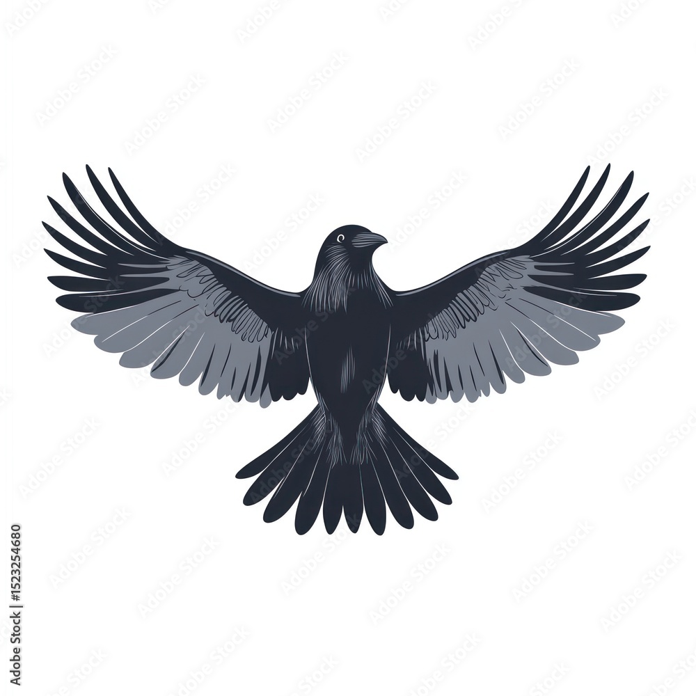 Fototapeta premium Raven in flight, wings spread wide. Detailed illustration of a dark bird soaring