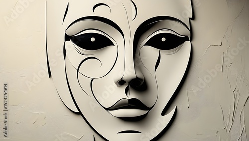 Abstract face illustration with stylized features and modern artistic design against a textured background