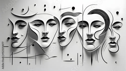 Abstract artwork featuring multiple faces depicted in a stylized black and white minimalist design