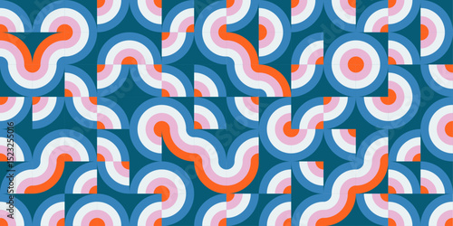 Retro abstract geometric pattern with wavy lines and colorful circles