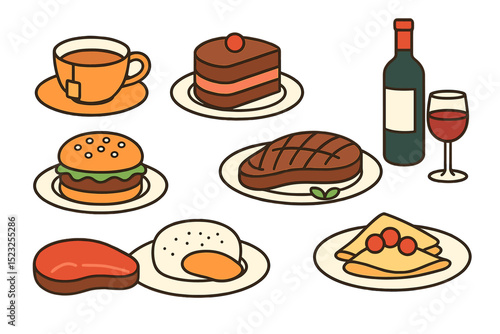 Meal settings include plates of food, drinks, and a variety of items like tea cups, cake, wine bottles, meat steaks, burgers, and crepes