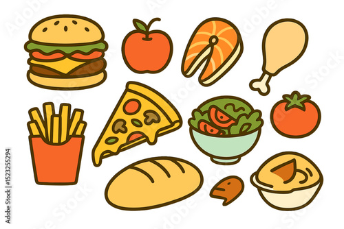 Vector illustration of food items isolated on white, created in a doodle style, ideal for incorporation into a food menu design template