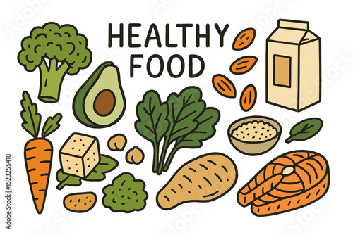 A set of hand-drawn doodles in vector format showcases healthy food ingredients, emphasizing vegan food and vegetable-based protein sources