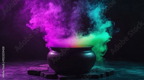 A dark cauldron surrounded by vibrant colored smoke