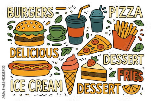 Comprehensive assortment of fast food restaurant fare and related vocabulary, showcased in an English handwritten font, intended for adorning chalkboard menus in catering establishments to complement