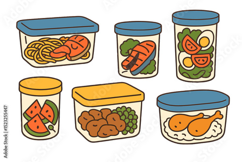 Vector illustration of a set of cartoon isolated glass and plastic containers used for storing and organizing leftover healthy meals from lunch or dinner in a home refrigerator