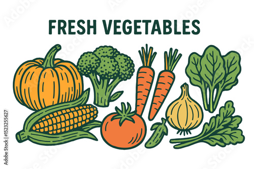 Fresh vegetables are showcased in a hand-drawn sketch of a vintage vector illustration that emphasizes organic farm food