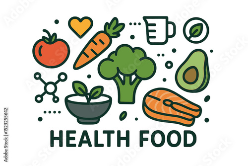 Vector illustration of health food concept with a variety of colourful icons representing healthy eating, balanced diet, nutrients, vegetables, and low carb ingredients