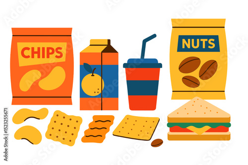 The illustration features an assortment of snack products such as fast food, drinks, nuts, chips, crackers, juice, and sandwiches isolated on a white background in vector format
