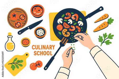 A flat vector illustration depicts an overhead view of chefs' hands cooking a meal, with a culinary school class or training course banner visible in the background of the ad