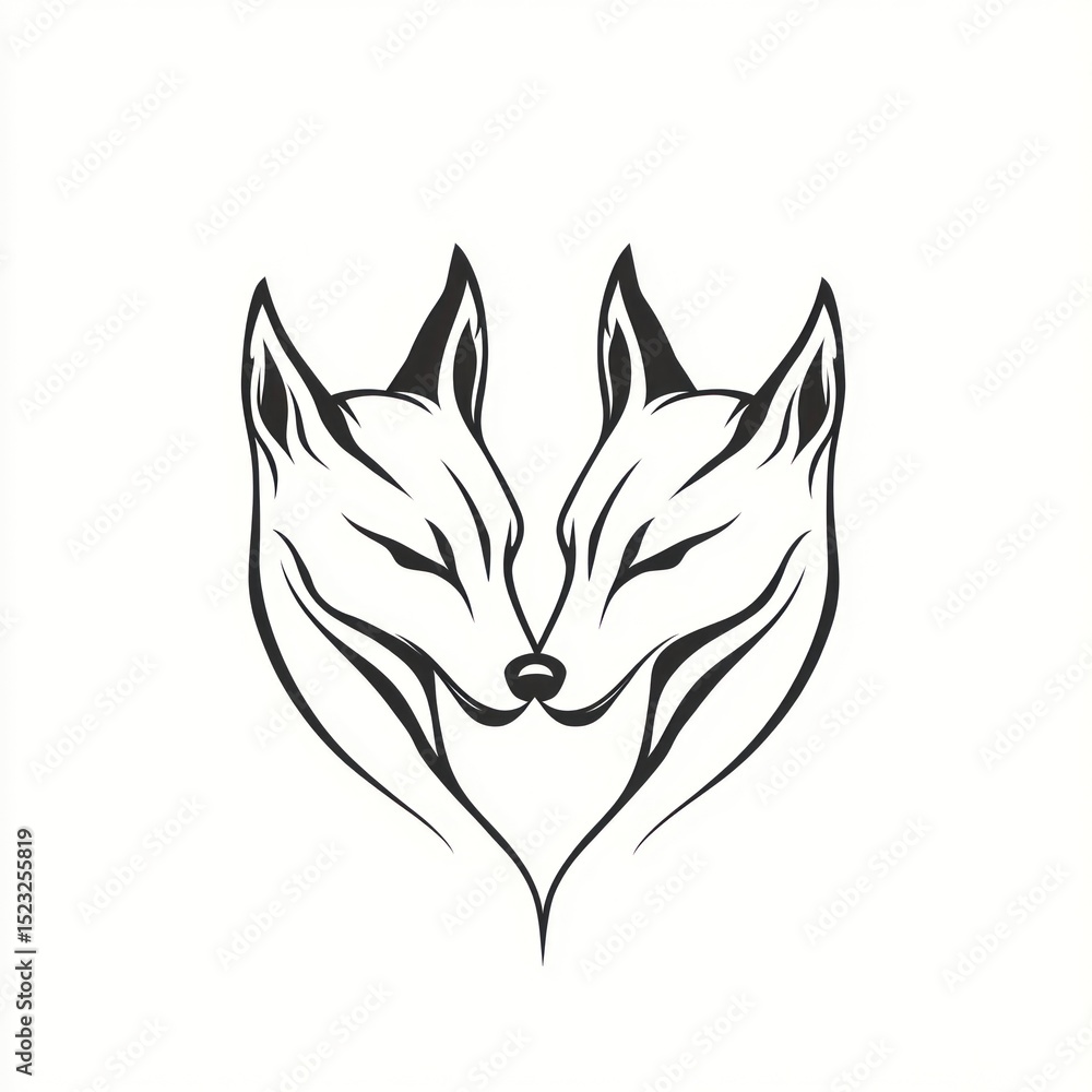 Obraz premium Two stylized fox heads, facing each other, forming a heart shape. Simple line art, black on white background