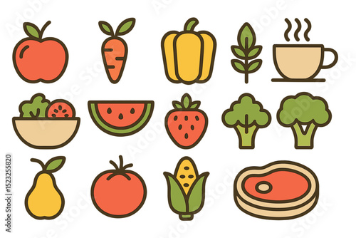Vector illustration features a set of minimal thin line icons related to food, such as fresh fruit, vegetables, coffee, salad, and meat, with editable stroke