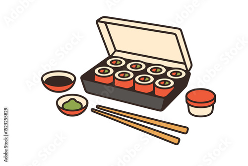 Japanese lunch composition featuring fresh Asian rolls in a delivery box, accompanied by chopsticks and sauces, in a vibrant vector illustration