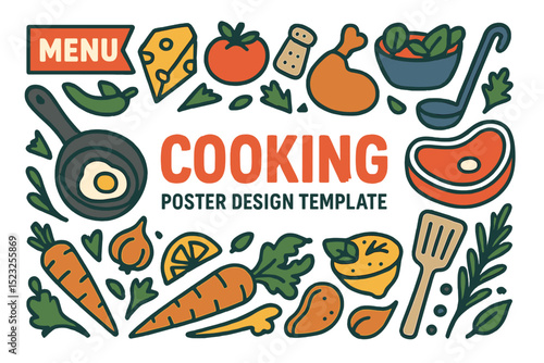 Vector illustration of a poster design template focused on cooking, incorporating a flyer with an assortment of food items and meal ingredients, ideal for culinary blogs, classes, cuisine channels