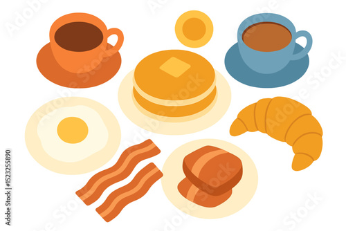 Colored flat vector illustration of a top view showing breakfast food and drinks on a white background, including meals for brunch or lunch such as bacon and egg, pancakes, croissant, and cups of tea