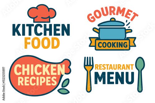 Gourmet cooking foods badge and kitchen food lettering set including chicken recipes, cook, and restaurant menu letterings vector illustration