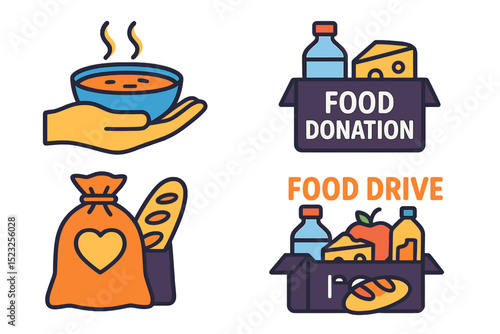 Vector icons representing food donations include a hand holding a plate of soup, as well as a food box, a bag containing bread, water, and cheese, designed to support food drives for poor people