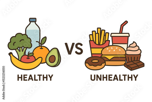 The idea of selecting between nutritious and unhealthy food options is illustrated through a colorful flat vector graphic, showcasing the difference between fast food, sweet treats, and fatty foods