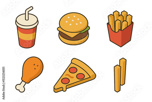 Isometric 3D icons of fast food, created in a flat design style, available as a vector illustration