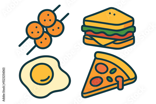 A set of icons representing various food items like meat balls, sandwiches, and eggs