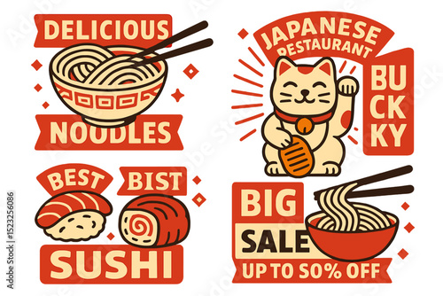 A Japanese restaurant's promotional materials showcase traditional dishes like sushi, noodles, and ramen, accompanied by the iconic maneki neko, to advertise its national oriental noodle offerings