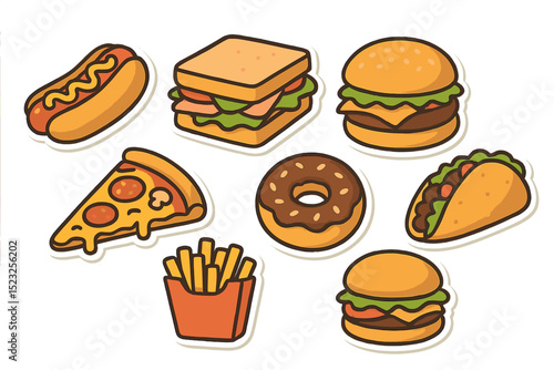 A set of cartoon fast food stickers including hot dog, sandwich, hamburger, taco, pizza, donut, french fries, and cheeseburger is available as a vector illustration