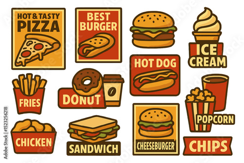 The vector for a fast food restaurant includes burgers, desserts, and drinks, as well as retro-style posters depicting pizza, hamburgers, hot dogs, fries, donuts, coffee, chicken nuggets, sandwiches