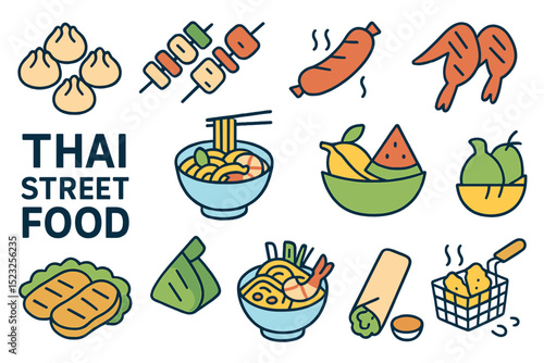 The icon set for Thai street food includes a variety of items, including dumplings, skewers, sausages, grilled chicken wings, and traditional Asian dishes like pad thai and fruit bowls