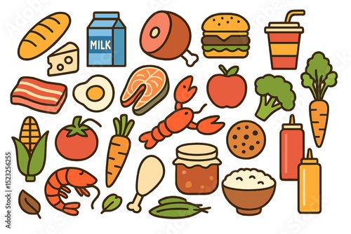 A collection of isolated grocery and butchery products, presented in a flat vector style, encompassing bread, pastry, dairy, meat, fast food, seafood, fruits, vegetables, sweets, and spices