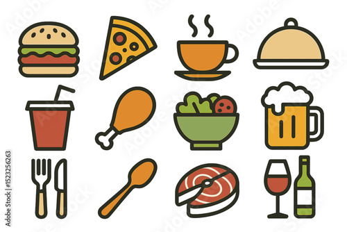 A set of vector icons featuring food and drinks designed for commercial or restaurant purposes