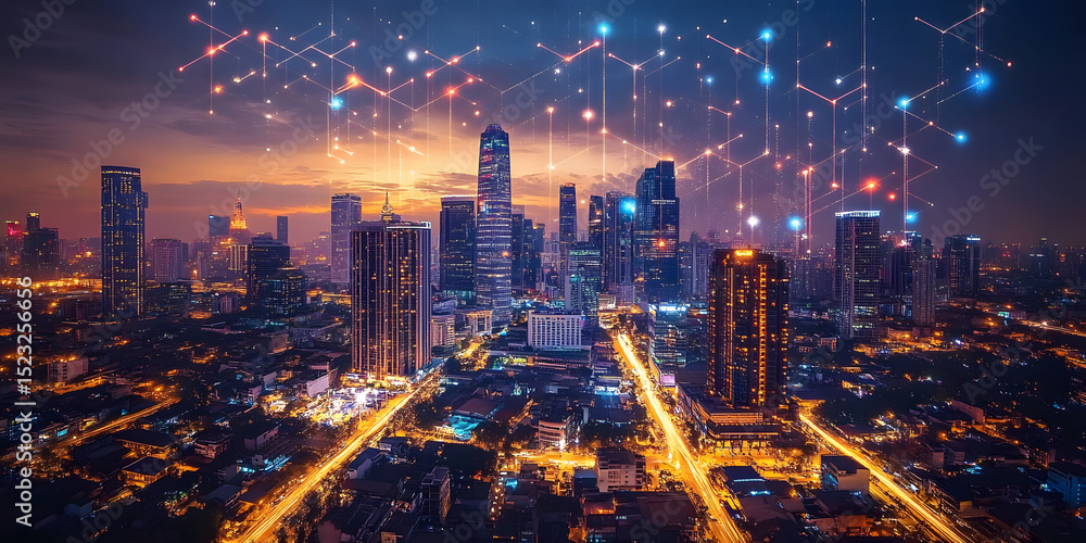 Fototapeta premium Smart City Nightscape with Fiber Optics and 5G Technology in Urban Digital Transformation