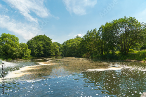 Sunny summer landscape on the lake. Reflection of the sky and clouds in the water. A valley of green trees on the shore of a lake. A concept for travel and camping.